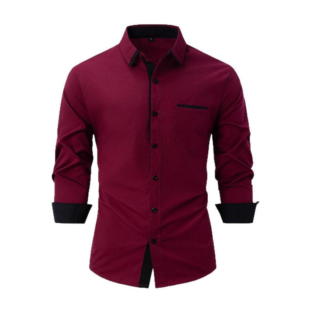 Men's Color Block Slim Fit Cotton Shirt - Long Sleeve, High-End Business Fashion