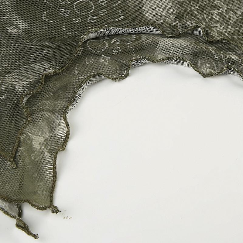 Retro Lesní Zelená Vintage Potisk Boho Y2K Tílko Bez zad Halter Zavazování Asymetrické Topy Dámské Dovolenkové Oblečení