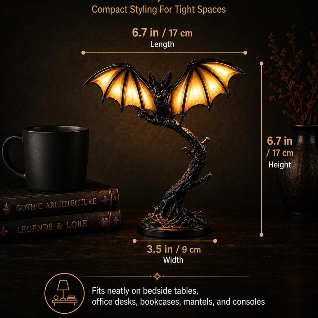 Halloween Glowing Bat Desk Lamp, Resin Bat Statue Night Light with Glowing Wings, Gothic Spooky Tabletop Decor Lamp, Vintage Accent Desk Light