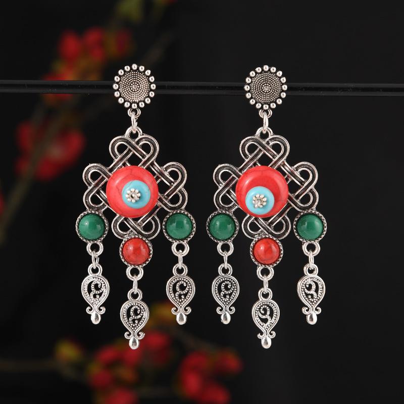 Mongolian minority stud earrings retro women's long tassel Tibetan silver earrings Tibetan exotic Chinese earrings