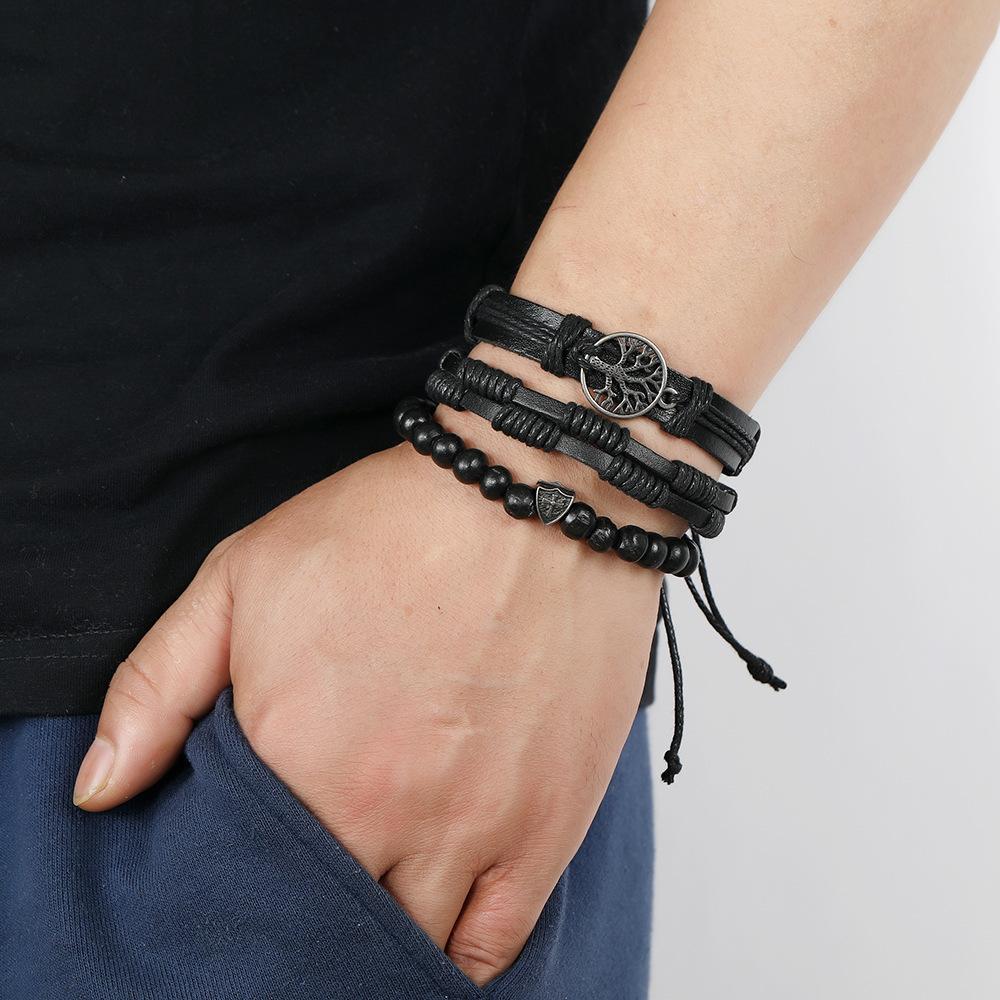 New Hot Selling European and American Vintage Woven Bracelet Peace Tree Hemp Rope Braided Bracelet Multilayer Leather Bracelet Wholesale
