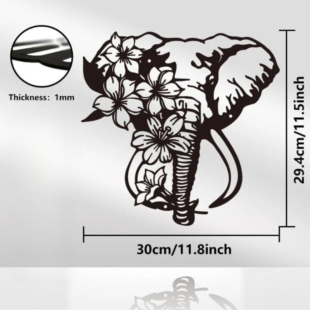 Black Metal Elephant Flower Wall Art Decor, Iron Garden Sculpture for Home Patio Fence