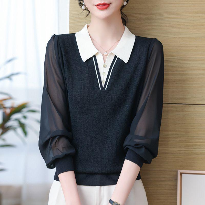 

Женская базовая блузка с лацканами и длинными рукавами, новая весенне-летняя, с шифоновыми рукавами и трикотажной вставкой, свободный топ one size fits all чёрный