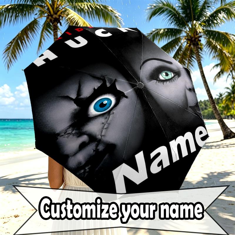 Custom Name Personalized Bride of Chucky Print Umbrella, Auto Open Close, 8‑Rib Sturdy Frame, Commute Camping Hiking Use, Birthday Gift