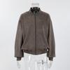 Giacca Bomber da Pilota da Donna Grigia Vintage con Collo Alto, Manica Lunga, Zip, in Pelle Scamosciata