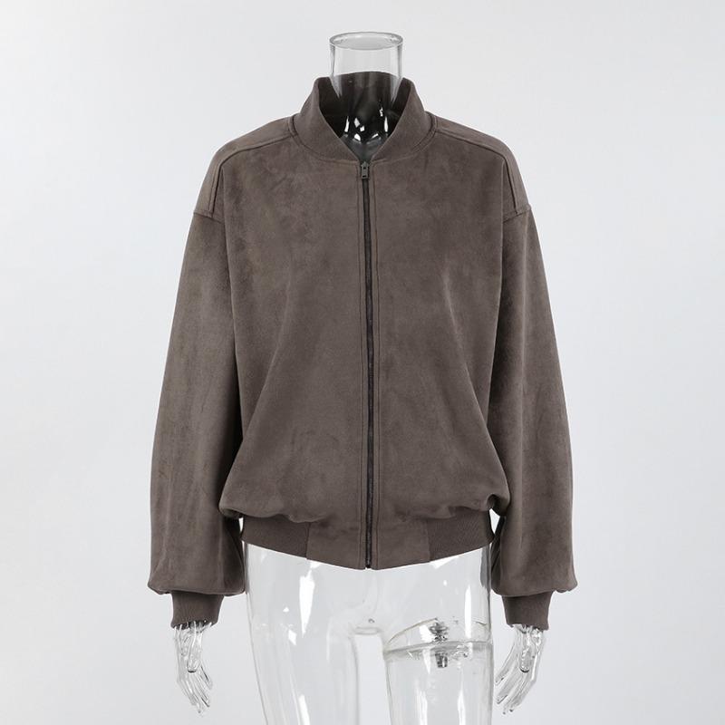 Giacca Bomber da Pilota da Donna Grigia Vintage con Collo Alto, Manica Lunga, Zip, in Pelle Scamosciata
