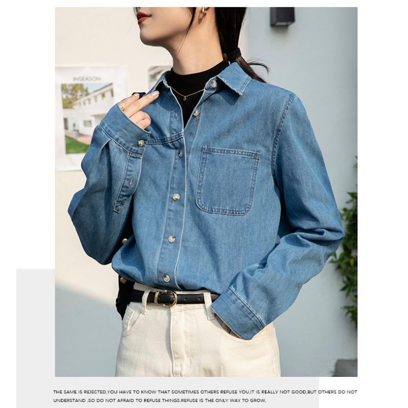 Women's Spring and Autumn Denim Shirt Design Sense Blue Jacket Loose Shoulder Layered French Shirt Long Sleeve