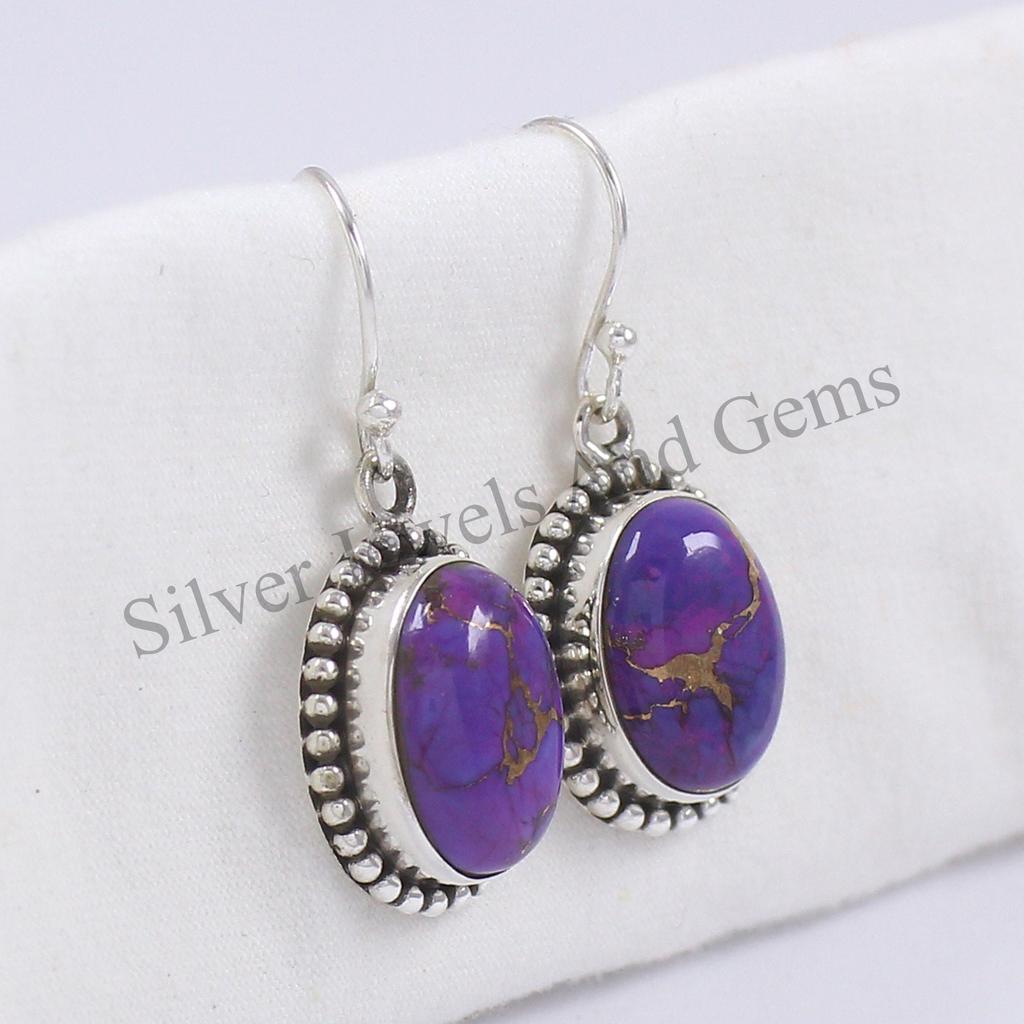 Oval Purple Copper Turquoise Earrings, 925 Sterling Silver, Handmade