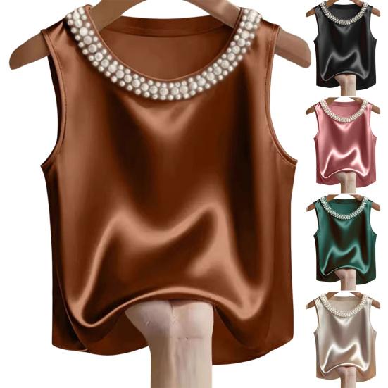 Damenweste Rundhalsausschnitt Imitierte Perlen Verziert Ärmellos Oberteile Glattes Satin Weiche Oberteile Lockerer Schnitt Freizeitoberteile Party Urlaub Tägliche Kleidung