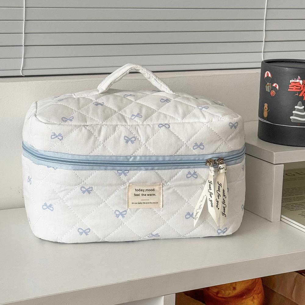 Blue Bow Quilted Women Cosmetic Bag Sets Large Capacity Makeup Handbag Travel Pouch 3 Type Ladies Zipper Organizer for Bags