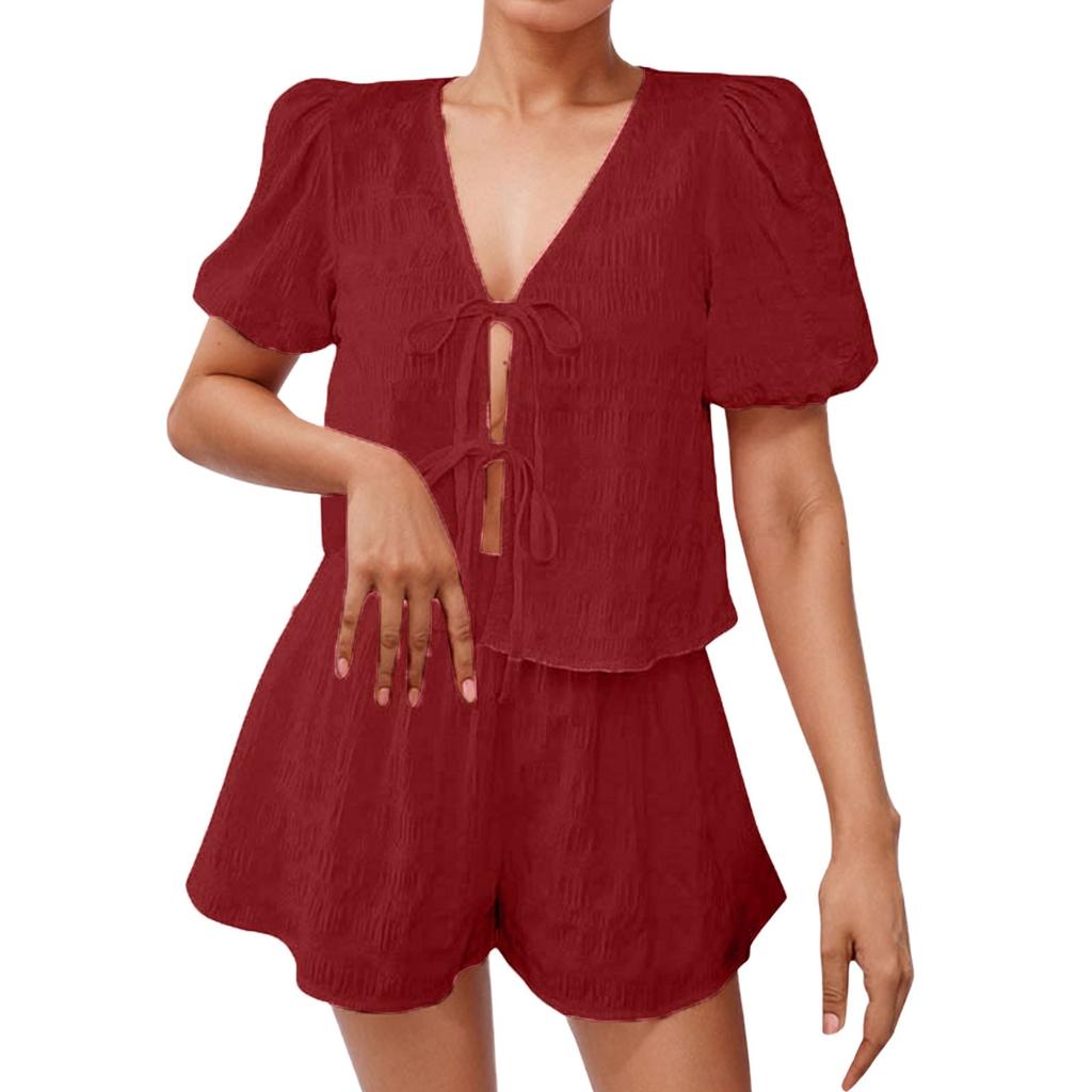 Women's Loose Casual Solid Color Short Sleeve Top Loose Shorts Set