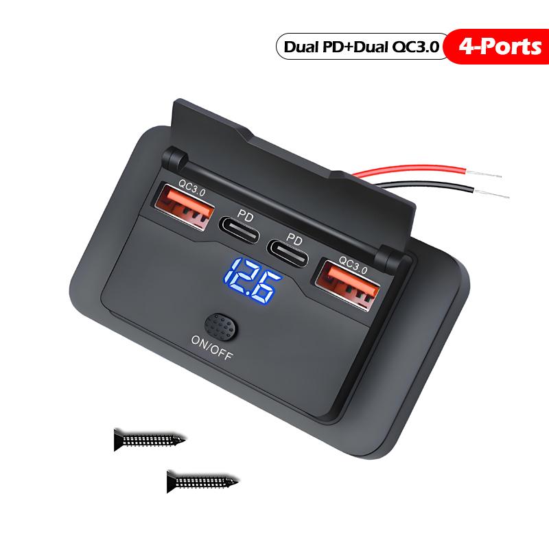 NEW 12V RV USB Outlet Panel 108W Dual QC3.0 & Dual PD3.0 Fast Charge Socket with Switch & LED Voltmeter for Boat ATV Motorcycle