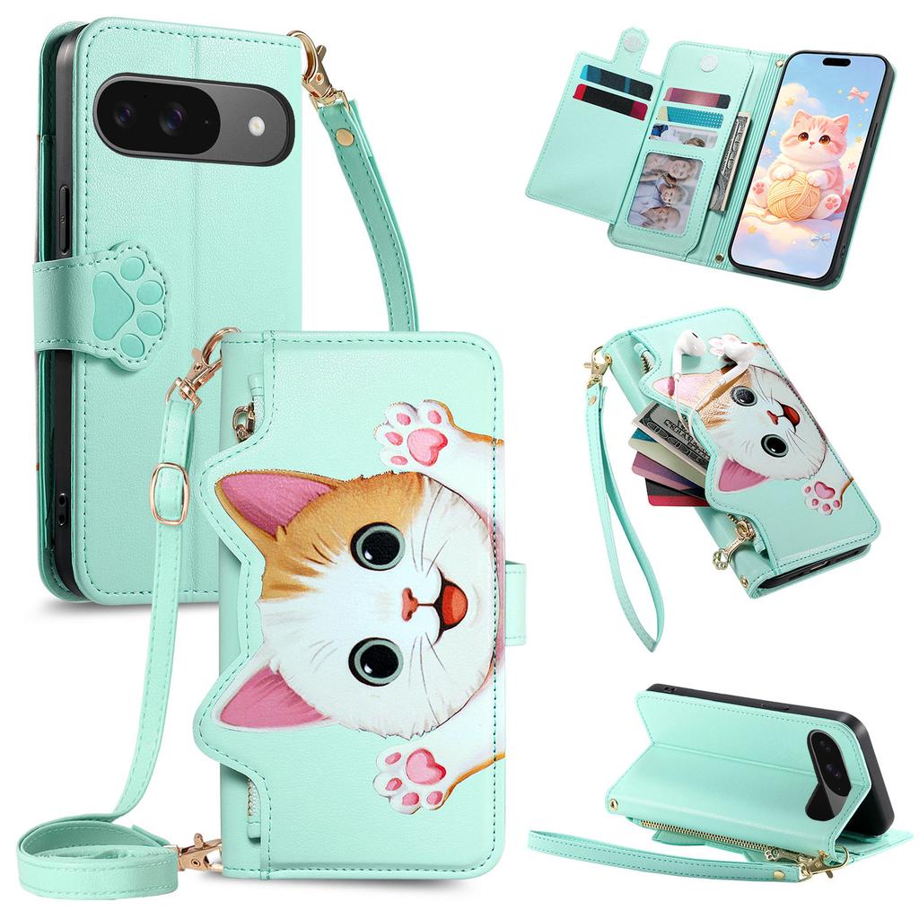 Cute Cat Crossbody Long Lanyard Flip Wallet Leather Case for Google Pixel 11 Pro XL 10Pro 9a 8a 7a 6a Shockproof Stand Cover