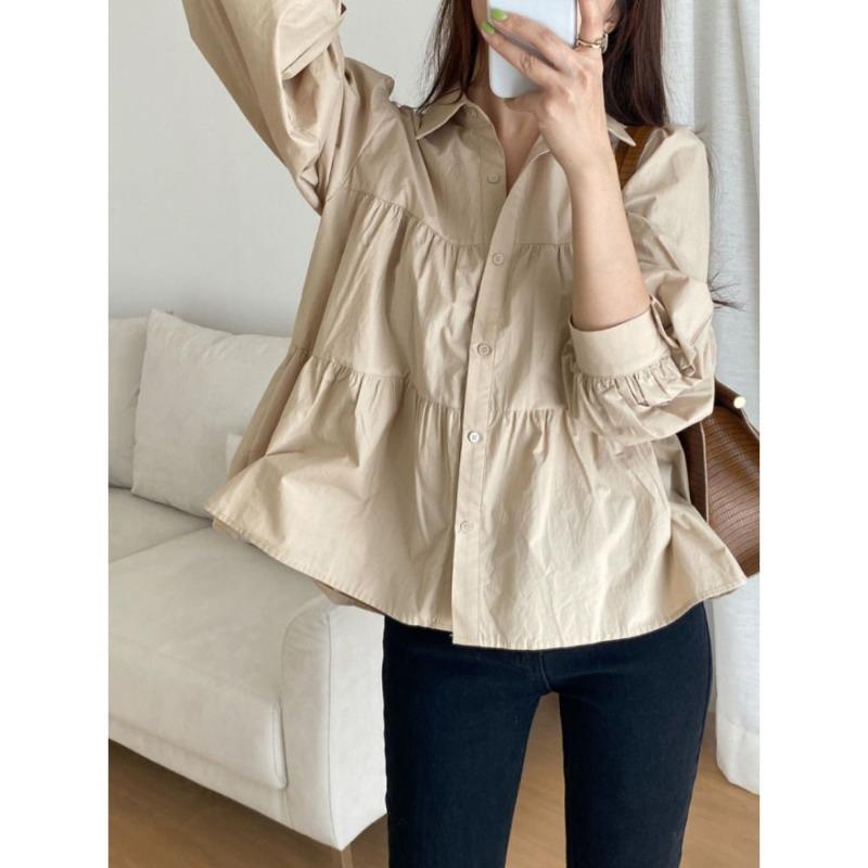 Casual Puff Sleeve Pleated White Shirts for Women Fashion Patchwork Simple Single Breasted Loose Blouses Tops Women Solid Lapel Vintage Blouse 26288