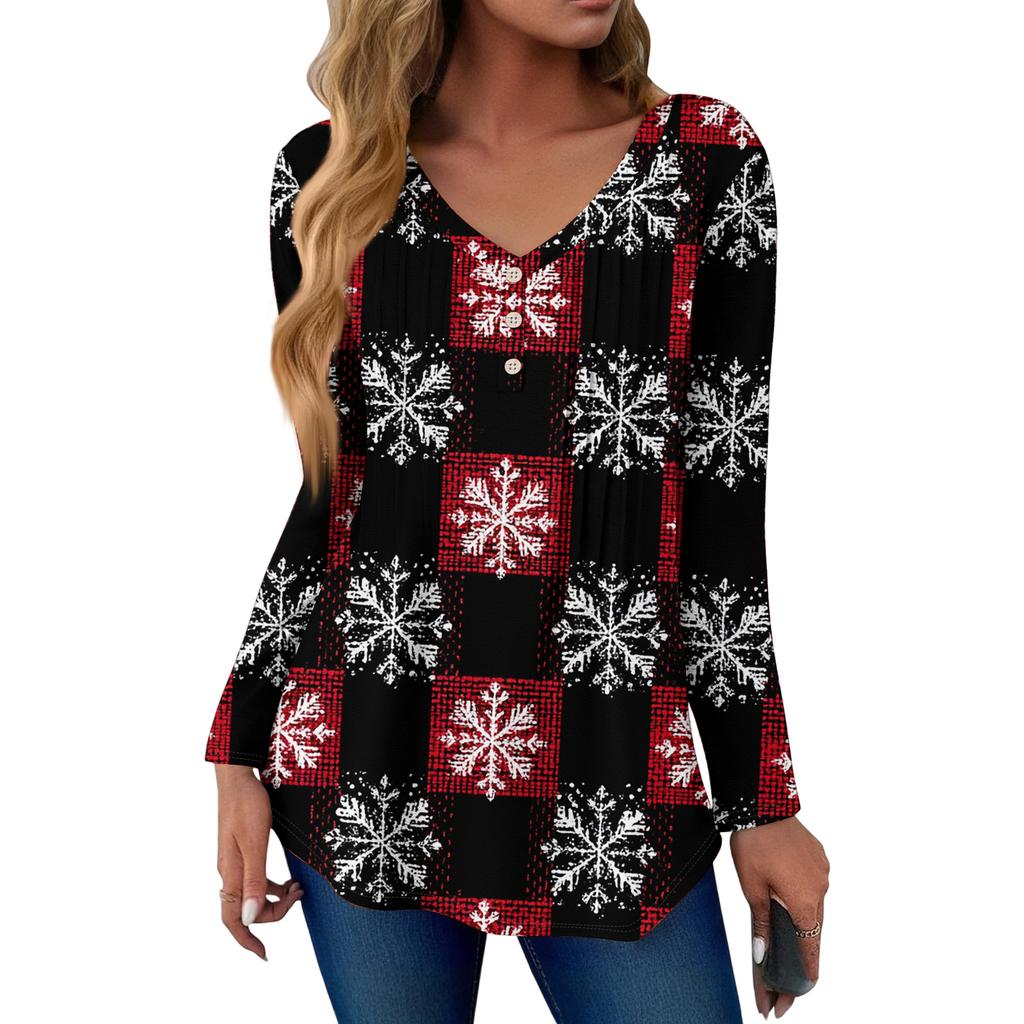 Women's Fashion Casual Christmas Tree Print V-Neck Decorative Button Long Sleeve T-Shirt Top