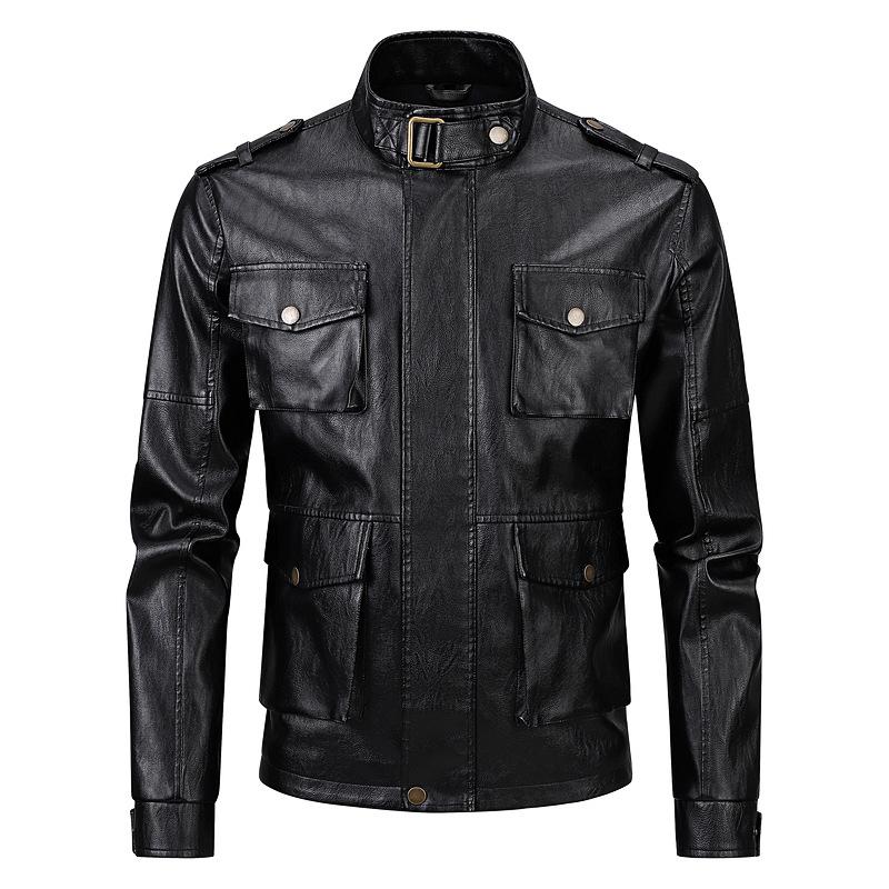 Autumn and Winter Men's Pu Leather Jacket Size Trendy Stand Collar Multi-pocket Motorcycle Leather Jacket