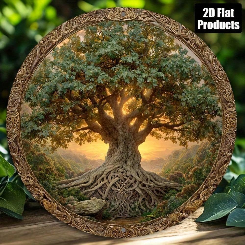 Round Tree of Life Metal Wall Art, Vintage Aluminum Sign 8x8 Inch, Retro Home Decor for Bar Cafe Living Room