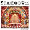 2D Circus Stage Background, Red Striped Tent with Platform & Balloons Themed Backdrop