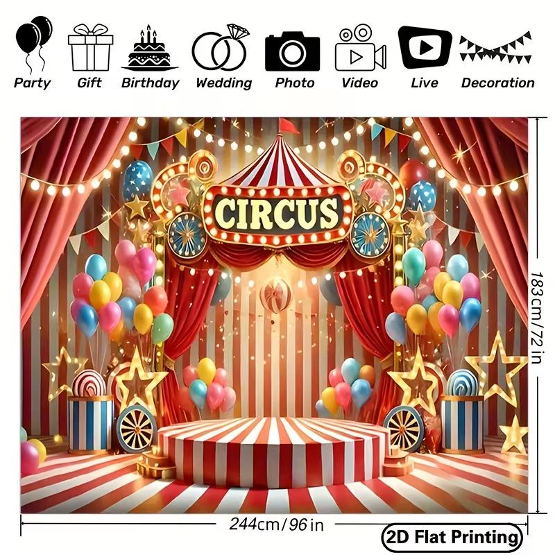 2D Circus Stage Background, Red Striped Tent with Platform & Balloons Themed Backdrop