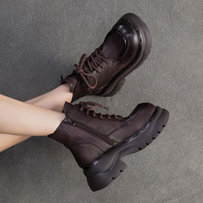 Johnature Genuine Leather Thick Soled Ankle Boots Retro Round Toe Side Zipper Women's Short Boots