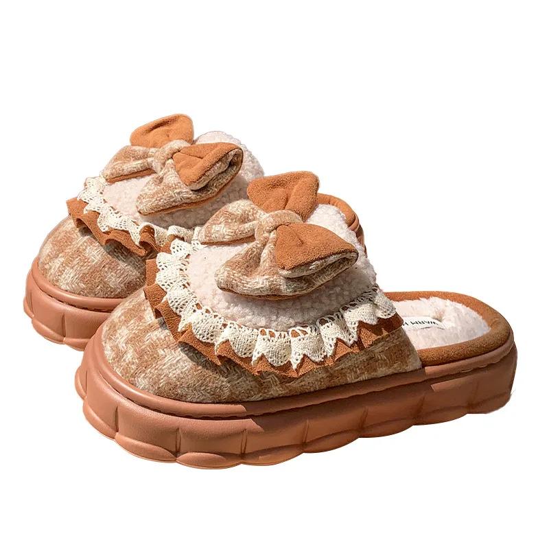 Fashion Fluffy Slippers Women Home Retro Bowknot Designer Winter Shoes Girls Cute House Cotton Casual Plush Platform Footwear Elegant