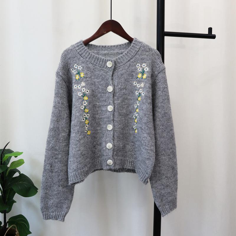 Autumn and Winter New Sweet Age-reducing Crew Neck Embroidered Knitted Cardigan Soft Waxy Sweater Jacket Women