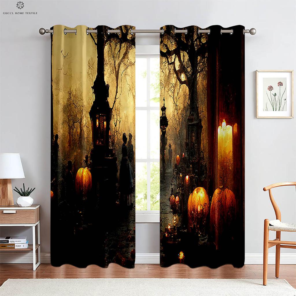 Cartoon Print Curtains, Horror Skull, Pumpkin, Bedroom, Living Room, Restaurant, Holiday Party, Decorative, 2 Pcs