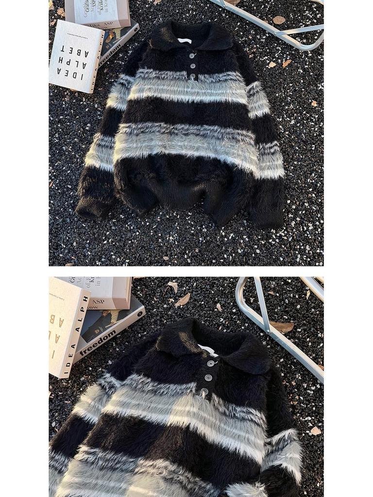 Unisex Striped Polo Collar Sweater - Trendy Autumn/Winter Knitwear for Men & Women