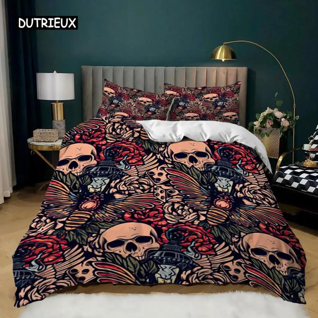 Skull Duvet Cover Queen Size Gothic Skeleton Bedding Set Rose Flower Polyester Comforter Cover for Kids Teens Adults Halloween