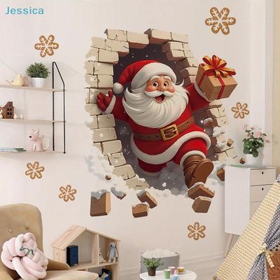 3D Santa Wall Sticker Funny Breakthrough Christmas Decal with Snowflake Decor for Festive Home Walls