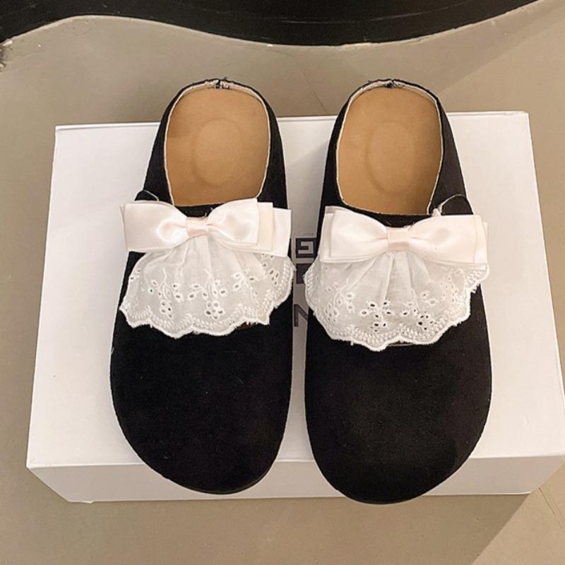 Moda Koronkowa Kokarda Damskie Płaskie Muły Buty 2025 Jesień Eleganckie Zamszowe Kapcie Moda Nowe Slingback Casualowe Buty Komfort Zapatillas Mujer