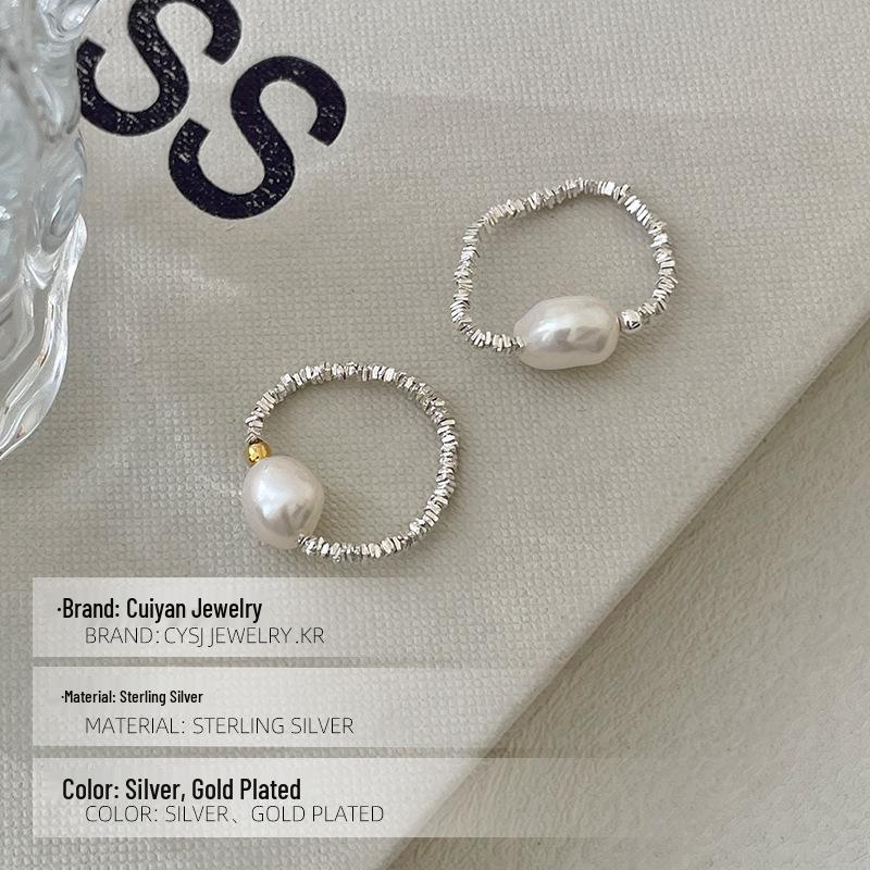 Cui Yan S925 Sterling Silver Natural Pearl Korean Style Color Block Elastic Ring for Women