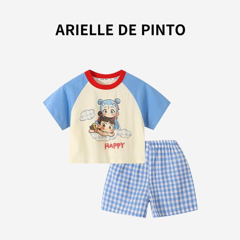 French Arielle De Pinto Boys Summer Casual Cartoon Sports Vest and Shorts Two-Piece Set Blue 140