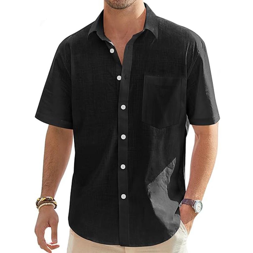 Men Simple Solid Color Lapel Short Sleeve Casual Shirt With Pocket