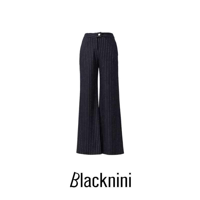 

Blacknini Yin Huafu/ Streamer Pants Worsted Fleece Luxury Gold and Silver Silk Vertical Stripes Straight Wide Leg Pants Navy Blue Bright Silk Stripes pants M