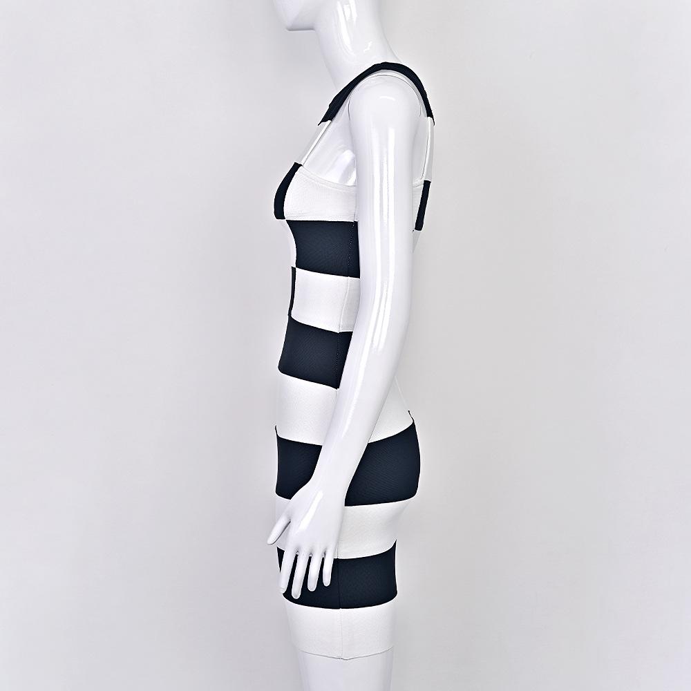 Chic Black and White Geometric Striped Mini Bandage Dress - Waist-Cinching, Hip-Hugging for Dates, Parties, and Fashion Shows.
