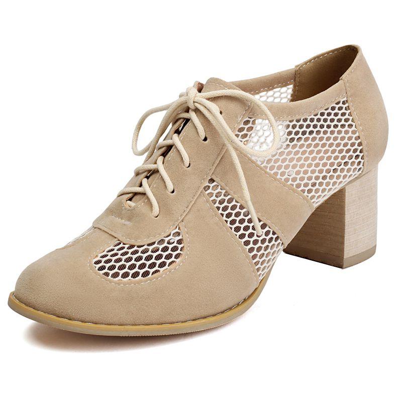 2025 Leisure Women Pumps Round Toe Block Heels 5.5cm Lace Up Breathable Mesh Mixed Big Size 41 42 43 Soft Daily Shoes