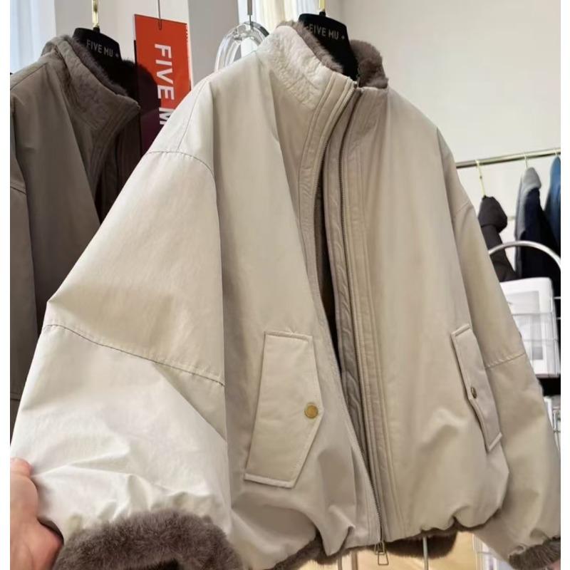 New sense stand-up collar short tooling jacket women's winter hairy liner imitation fur pie overcome jacket