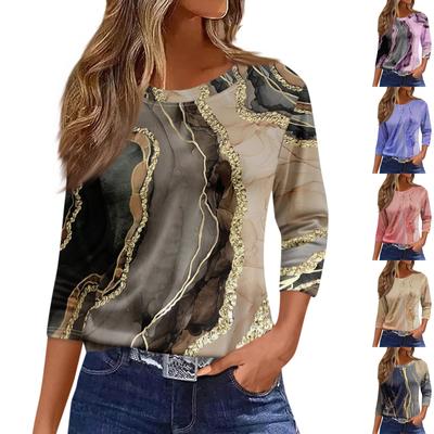 Women's Fashion Casual Round Neck 3/4 Sleeve Loose  Printed T-Shirt Ladies Top