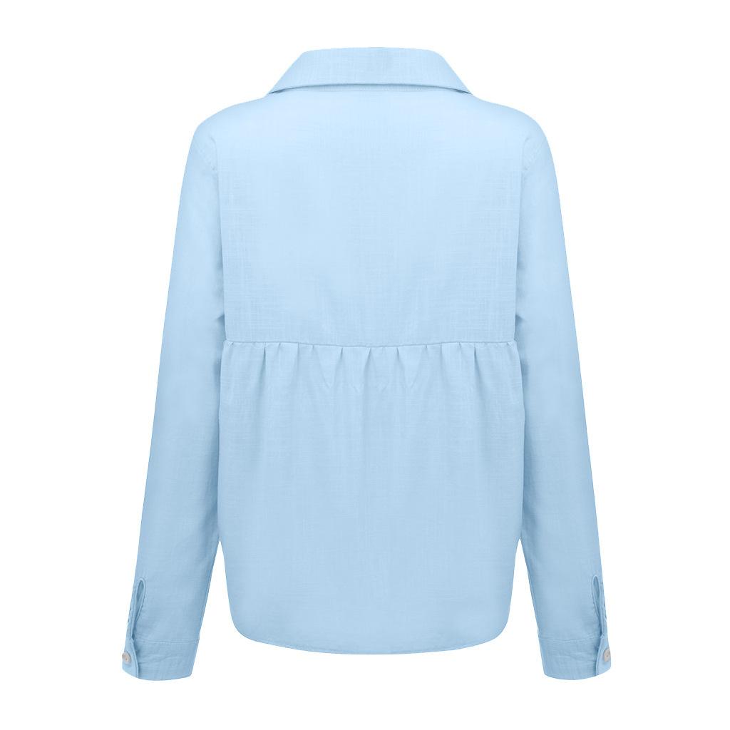 Nowe letnie damskie bluzki w jednolitym kolorze z klapą na guziki Casual luźna z długim rękawem lniany Top bluzki damskie biały top Blusas Mujer