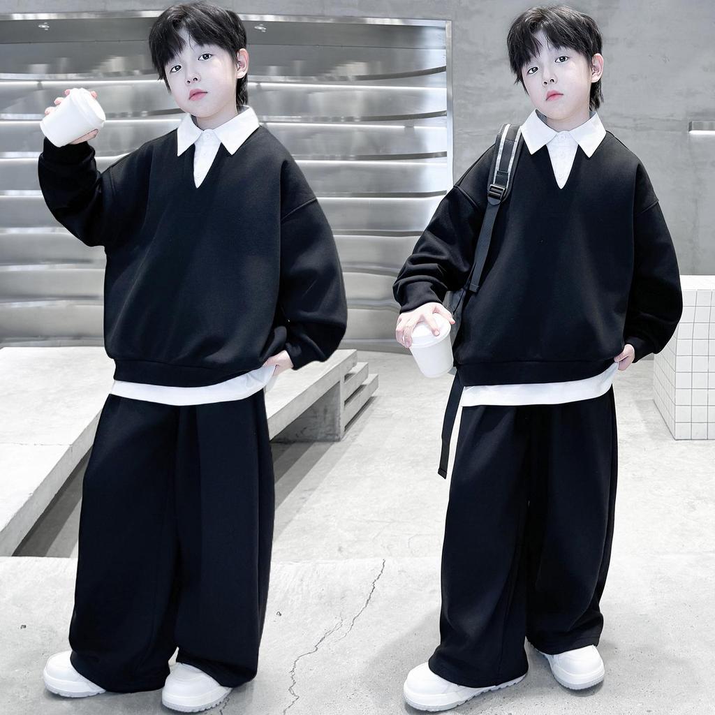2025 Boys' Spring & Autumn Two-Piece Set - Fashionable Shirt Collar & Knitted Design