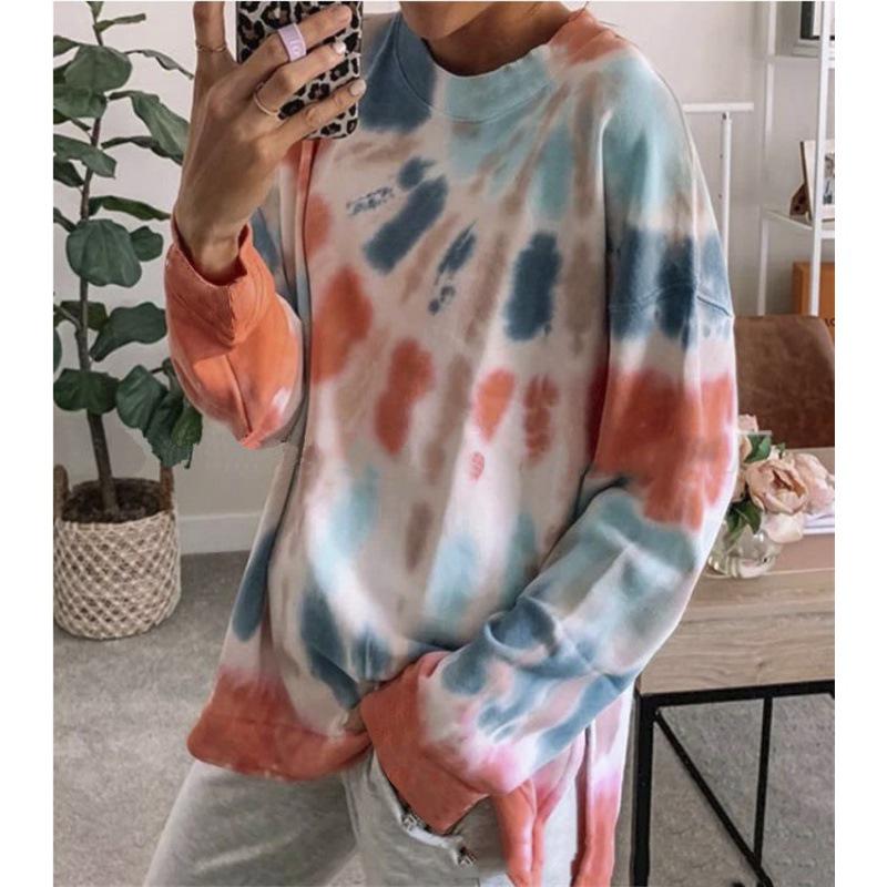 Women's Tie-Dye Long Sleeve Hoodie: Autumn/Winter Loose Fit with Round Neck