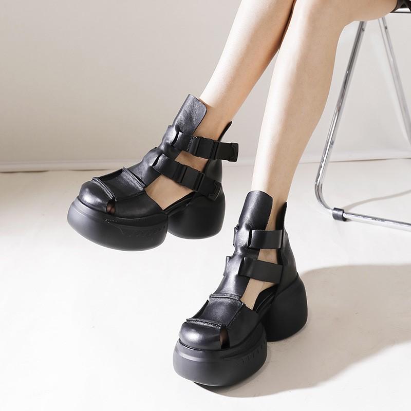 

Johnature Натуральная кожа Толстая подошва Женщины Летние сандалии Римская платформа Удобный круглый носок полые сапоги