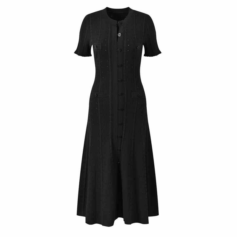 Modern Cross-Border Knitted Split Dress: Short-Sleeve, Hollow-Out, Single-Breasted, Waist-Cinching, Slimming Design