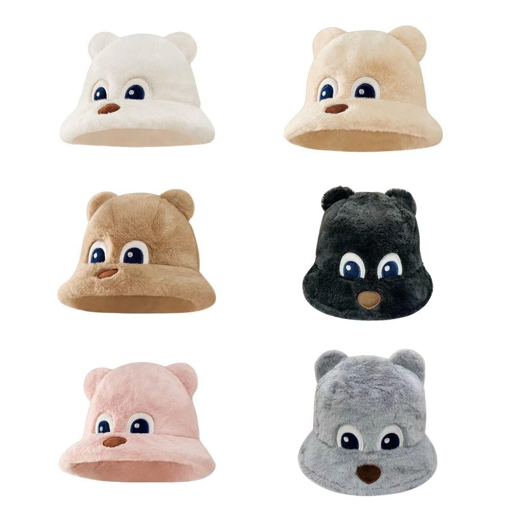 

Plush Little Bear Hat Warm Basin Hat Cute Fisherman Hat Outdoor Hiking бежевий
