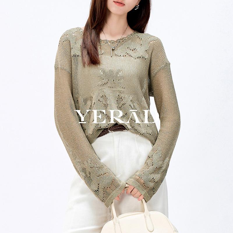 Relaxation · Hollow Jacquard Long Sleeve Knitted Shirt for Women