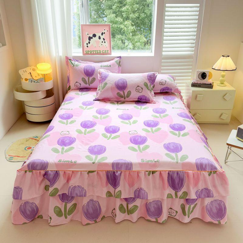 3pcs Modern Korean Floral Bed Skirt Set with Lotus Leaf Embellishments and Princess Floral Pattern, All-Season Brushed Light Beige-Friendly Bedding