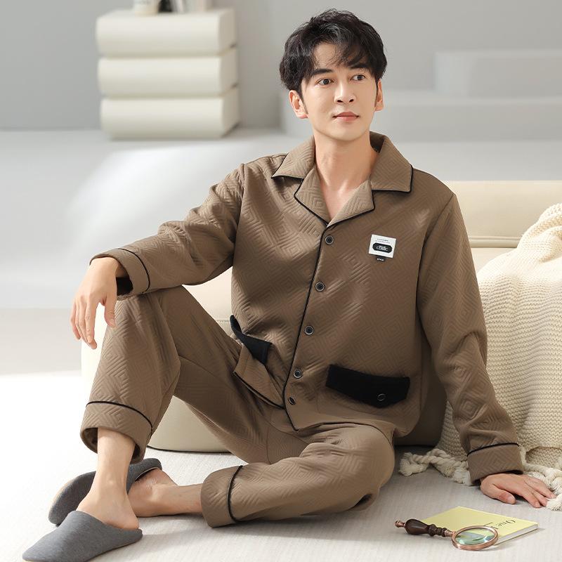 Pajamas Men'S Spring And Autumn Thickened Pure Cotton Interlayer Air Cotton Homewear Men'S Autumn And Winter Interlayer Middle-Aged Dad Suit