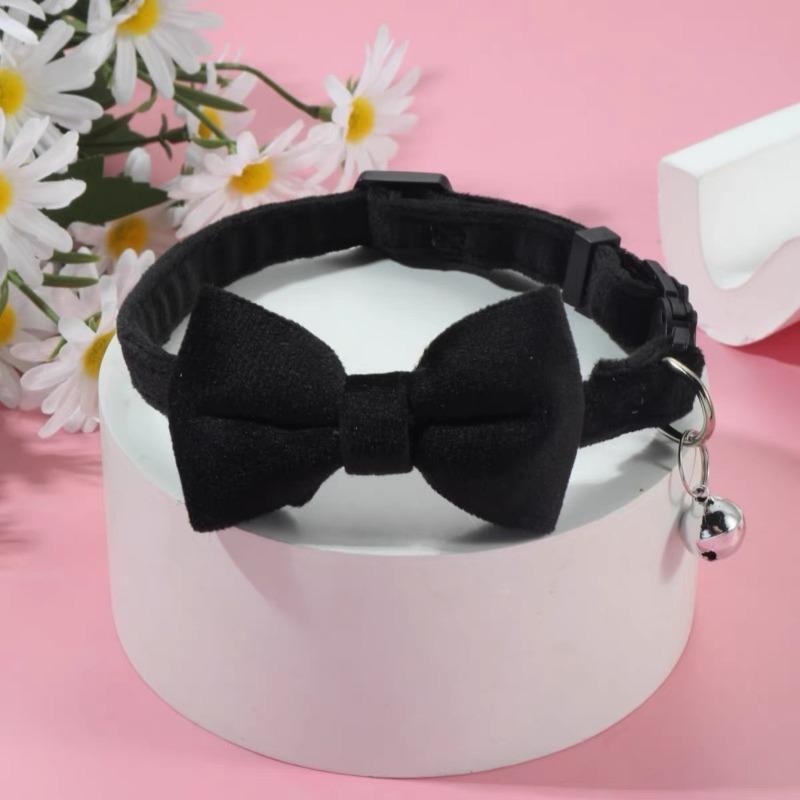 Pet Cat Collar Velvet Solid Color Bow Cat Collar Safety Buckle with Bell Anti suffocation Neck Ring Decoration