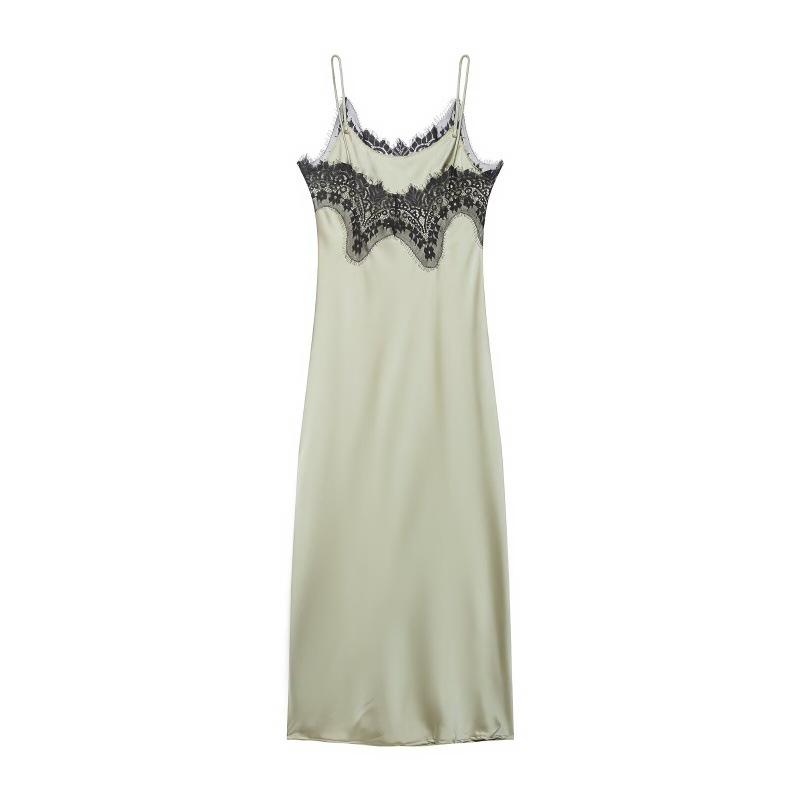 2026 European & American Lace Trim Spaghetti Strap Sexy Slit Long Dress